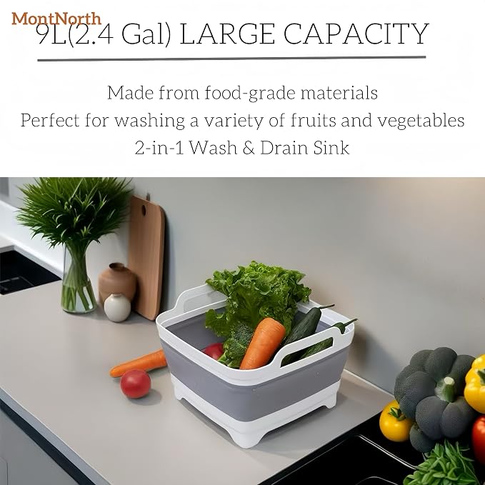 MontNorth Collapsible Wash Basin 9L, Foldable Dish Tub with Drain Plug, Portable Collapsible Dish Basin, Camping Sink for Washing Dishes, Laundry & Kitchen Use,Gray - Image 7