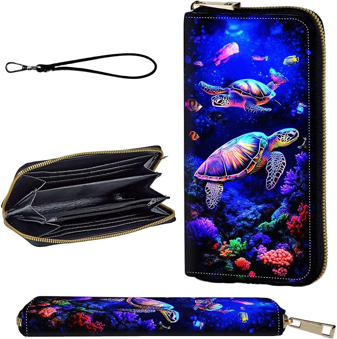 Wallet,Leather Long Wallet Suitable For Ladies And Teenagers - Detachable Wristband + RFID Travel Wallet With Card Slot - Neon Sea Turtles by Unknown