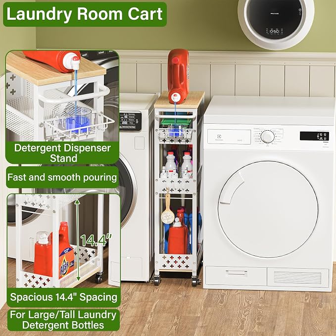 Utility Slim Storage Cart for Home Laundry Room, Bathroom, Kitchen | 4-Tier narrow rolling cart for small space, Holds tall bottles, Upgraded metal hub casters, Premium wood & metal mesh shelves - Image 3
