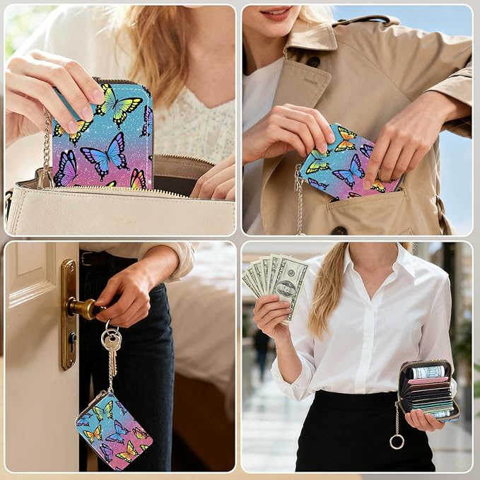 Credit Card Holder for Women,Small Rfid Wallet with Keychain Zipper,Cute PU Leather Card Case Wallet，Accordion Credit Card Wallets Gift,Colorful Butterflies - Image 5