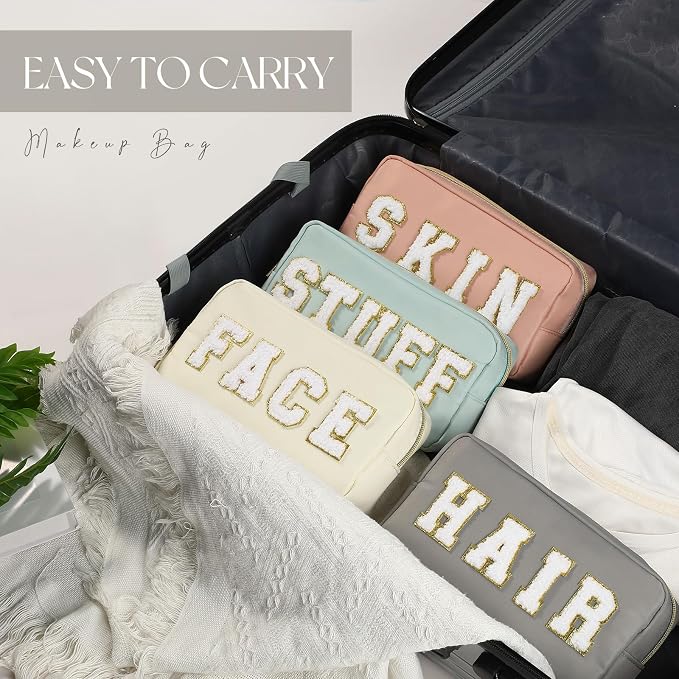Preppy Makeup Bags Chenille Letter Stuff Bag Nylon Cosmetic Pouch Cases with Zipper for Women Travel Toiletry(Soft Color,Soft,4 Pcs) - Image 7