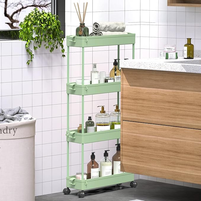 SPACEKEEPER Slim Rolling Storage Cart, 4 Tier Bathroom Cart Organizer,Green | Narrow Rolling Cart with Wheels for Kitchen Office Bathroom Laundry Room,Mobile Utility Cart for Craft Art Makeup Nail Polish - Image 6