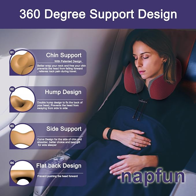 napfun Neck Pillow for Travel, Memory Foam Airplane Pillow, Burgundy | 360° Neck Support, Upgraded 100% Memory Foam for Airplane, Car, Train, Bus, Office Sleep, Travel Essentials for Long Flights - Image 3