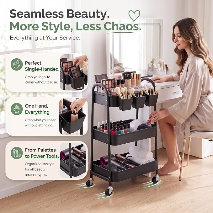 Heavy Duty 3 Tier Rolling Cart Metal with Wheels,Three Tiered Rolling Carts | Black Utility Storage Roller Shelf Organizer on Wheels for Baby, Art, Craft, Snack, Cleaning Caddy, Dorm, Bathroom, Bedside - Image 8