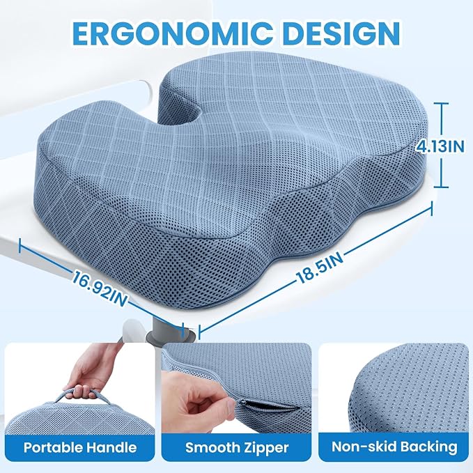 Memory Foam Office Chair Seat Cushion - Light Blue, XX-Large | for Car Seat, Airplane, Desk Chair - Sciatica & Hip & Coccyx Pain Relief Cushion for Long Sitting Office Workers, Car Drivers - Image 2