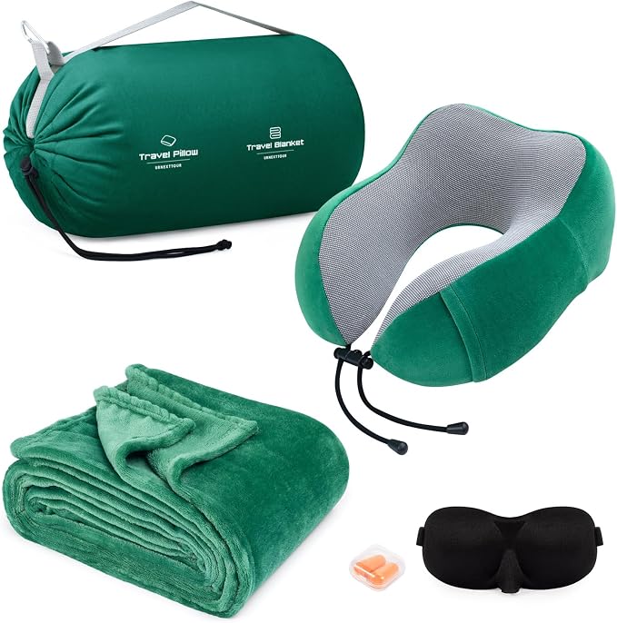 urnexttour Travel Pillow and Blanket Set Neck Pillow Airplane Foam Green | 43x60 Inch Plane Blanket, Traveling Compact Storage Bag, Eye Mask, and Earplugs for Ultimate Flight Comfort, Women and Men by Urnexttour