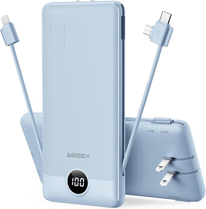 VEGER Portable Charger for iPhone, Power Bank Built in Cables and Wall Plug | 10000mAh,Ultra Slim&Compact,5 Outputs,LED Display,Power Bank for iPhone,Samsung,Travel Essentials for Camping Cruise Business by VEGER
