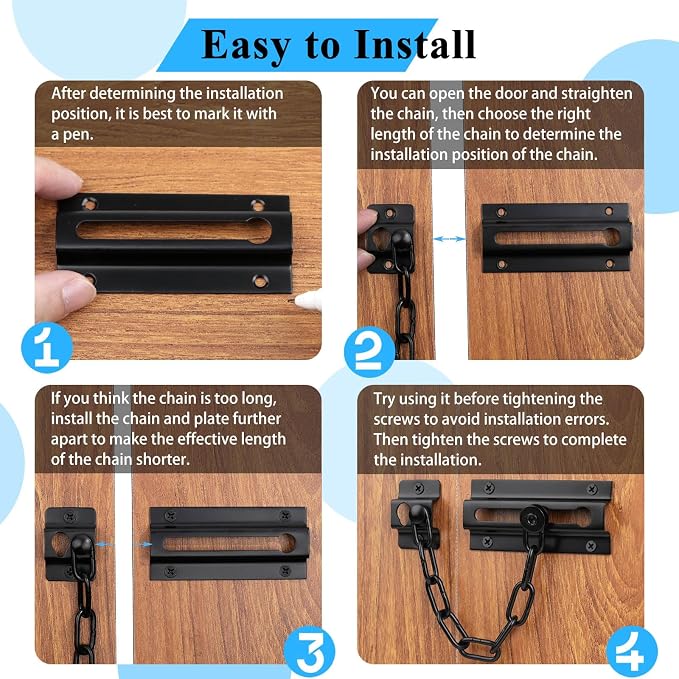 INBOF 2 Pack Door Chain Lock Black, Stainless Steel Chain Locks for Inside Door, Premium Thickened with 12 Screws - Image 6