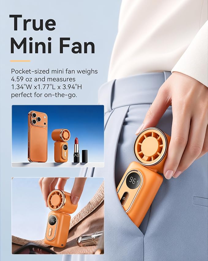 Mini Clip on Fan Handheld, 3000mAh Rechargeable Portable Fan with LED Display, 3-in-1 Personal Cooling Fan, 3 Speeds Quiet USB C Fan for Stroller Desk Travel Camping Office for Women Men Kids, Orange - Image 4