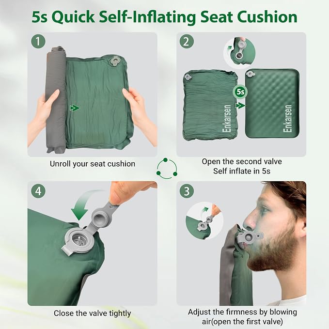 Inflatable Travel Seat Cushion – Self-Inflating Memory Foam Pad for Airplane, Stadium Bleachers, Camping, Hiking & Backpacking – Ultralight Compact & Portable Sitting Cushion (Green) - Image 6