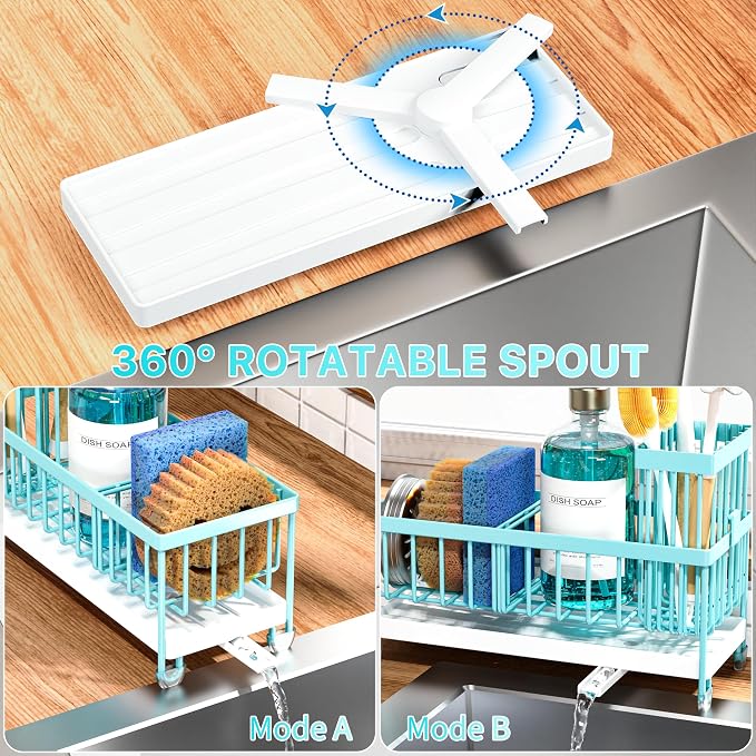 Cisily Sponge Holder for Kitchen Sink, Sink Caddy Organizer with High Brush Holder, Kitchen Countertop Organizers and Storage Essentials, Rustproof 304 Stainless Steel (Turquoise, 9.25″) - Image 3