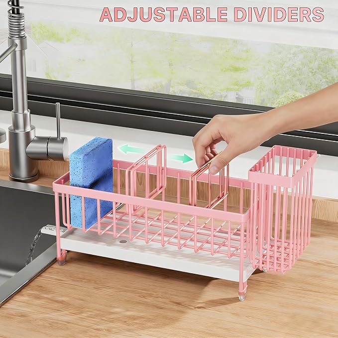 Cisily Sponge Holder for Kitchen Sink, Sink Caddy Organizer with High Brush Holder, Kitchen Countertop Organizers and Storage Essentials, Rustproof 304 Stainless Steel (Pink, 9.25″) - Image 4