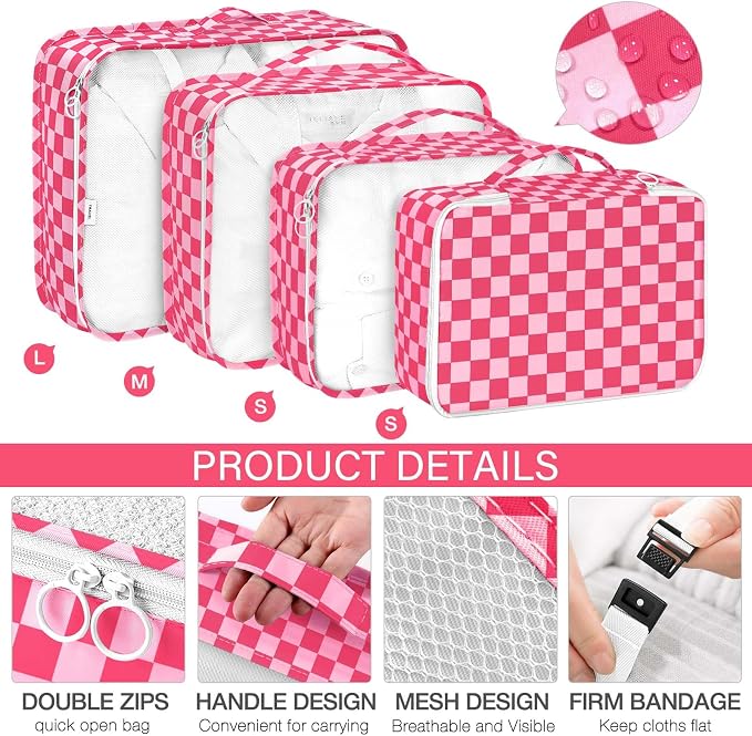 KPX 8 Set Packing Cubes for Travel, Luggage Packing Organizers Accessories Large Toiletries Bag for Clothes Shoes Cosmetics (8Set-Rose Checkered) - Image 3