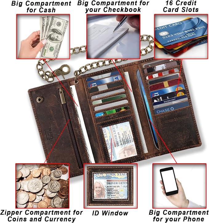 F&L CLASSIC RFID Blocking Mens Tri-fold Long Style Cowhide Leather Steel Chain Wallet,buffalo vintage leather - Image 3