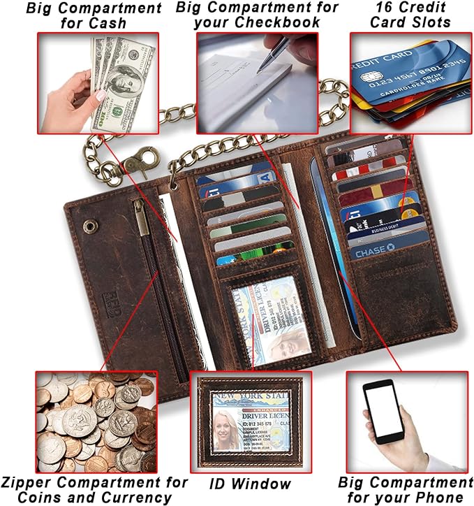 F&L CLASSIC RFID Blocking Mens Tri-fold Long Style Cowhide Leather Steel Chain Wallet,buffalo wax vintage leather,212 wax brown - Image 4