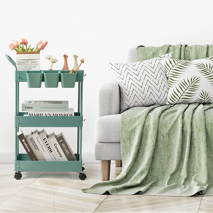 danpinera Storage Cart on Wheels, 3 Tier Bathroom Cart Organizer Slim Laundry Narrow Shelf with Wheels Dividers Hanging Cups Hooks Handle Easy Assembly, Green - Image 5