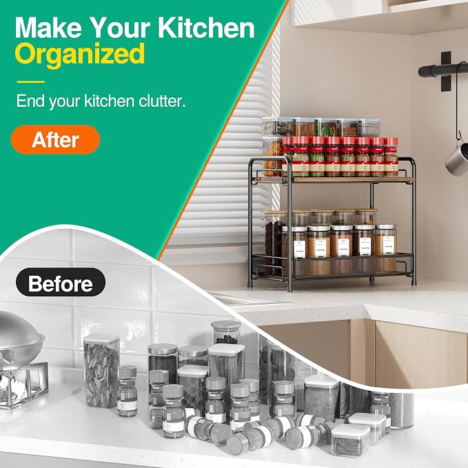 Spice Rack Organizer for Countertop with Wood Top, 2-Tier Foldable Metal Rust-Proof Standing Large Seasoning Storage Shelf with Guardrail & Mesh Design for Kitchen Cabinet Living Room, Black - Image 4