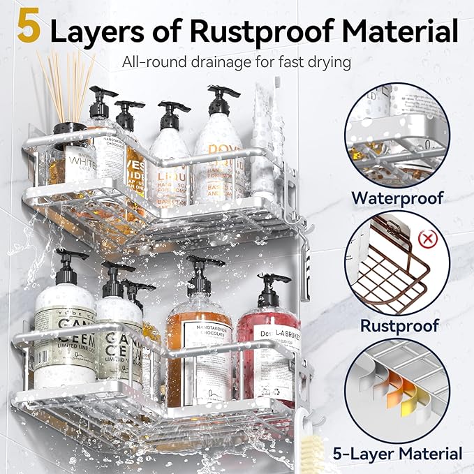 Corner Shower Caddy Organizer, Self-Adhesive Rustproof Bath Shelves with Soap Holder & 4 Hooks, Large Capacity Shower Storage Rack for Bathroom Organization, (3Pack, Silver) - Image 2