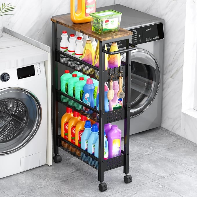 Vivihomety 4-Tier Slim Utility Rolling Laundry Cart with Wheels, Metal | Narrow 7.1" wide, Lockable wheels, wood top panel, metal frame, with handle, for laundry, bathroom, kitchen, black by EndlessStorage