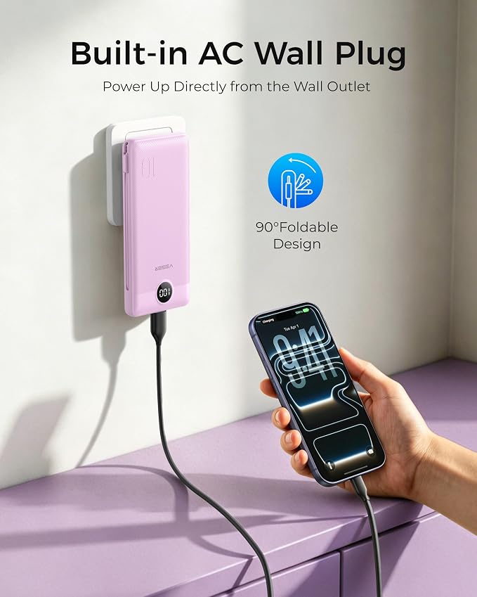 VEGER Portable Charger for iPhone, Power Bank Built in Cables and Wall Plug | 10000mAh,Ultra Slim&Compact,5 Outputs,LED Display,Power Bank for iPhone,Samsung,Travel Essentials for Camping Cruise Business - Image 2