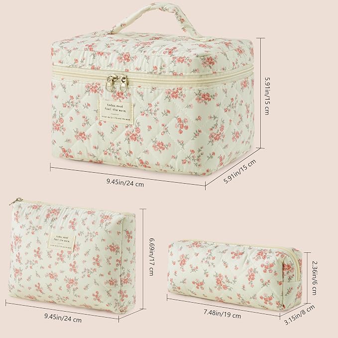HBselect Quilted Makeup Bag, 3Pcs Cotton Large Travel Makeup Bags Organizer | Cute Floral Make up Bag Cosmetic Bag Toiletry Bag for Women Girls, Makeup Pouch for Skincare, Brushes & Travel Essentials - Image 6