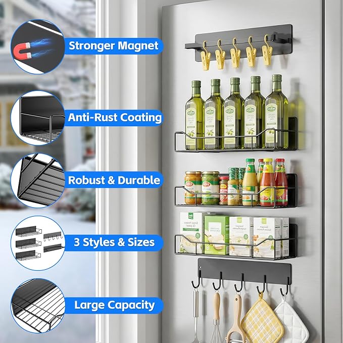 Magnetic Spice Rack for Refrigerator, 5 Pack Magnetic Fridge Organizer Shelves, Strong Magnet, No Drilling, Space Saving Shelf Organizer for Kitchen, Refrigerator & Laundry Room Storage (Grey) - Image 6