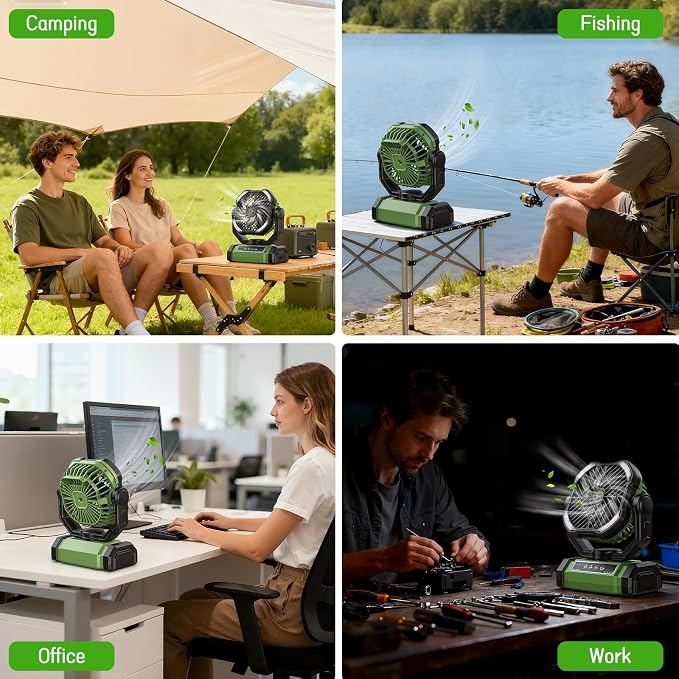 UUYEE Camping Fan Rechargeable, Large Capacity Battery Powered Fans - Green | LED Light, 4-Speed, Cordless, Hanging Hook, 270° Adjustable, Quiet, Lightweight, Battery Operated Fan for Tent Beach Outdoor - Image 7