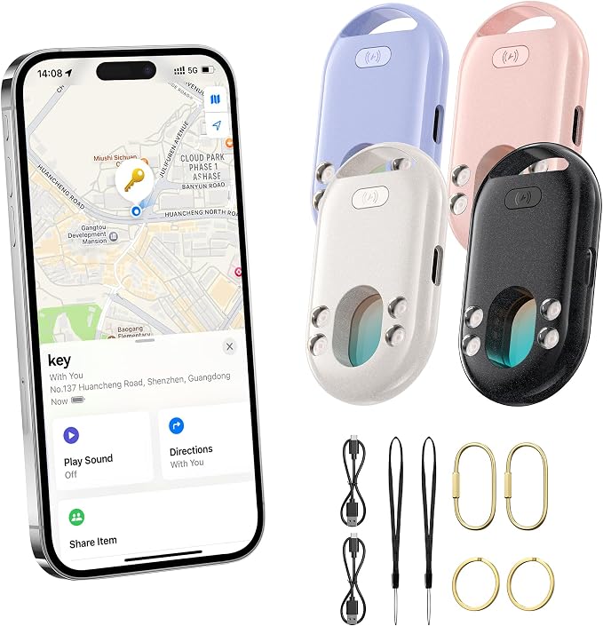 TECKNET [MFi Certified] Air Tracker Tags, Rechargeable Bluetooth Tracker | 3-in-1 Find My Tracker 4 Pack (iOS Only), 100dB Alarm & IR Lens Finder, IP67 Waterproof, Item Locator for Key Luggage Wallet by Tecknet