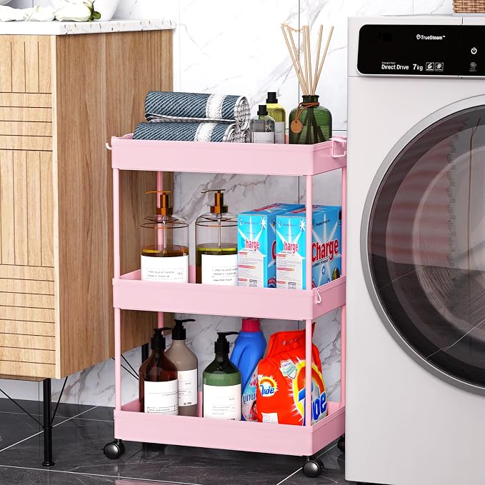 SPACEKEEPER 3 Tier Rolling Cart, Bathroom Cart Organizer with Wheels, Pink | Mobile Storage Cart for Laundry Room Organization,Kitchen,Office,Bathroom, Utility Cart for Snack,Craft,Art,Makeup,Nail,Toys - Image 6