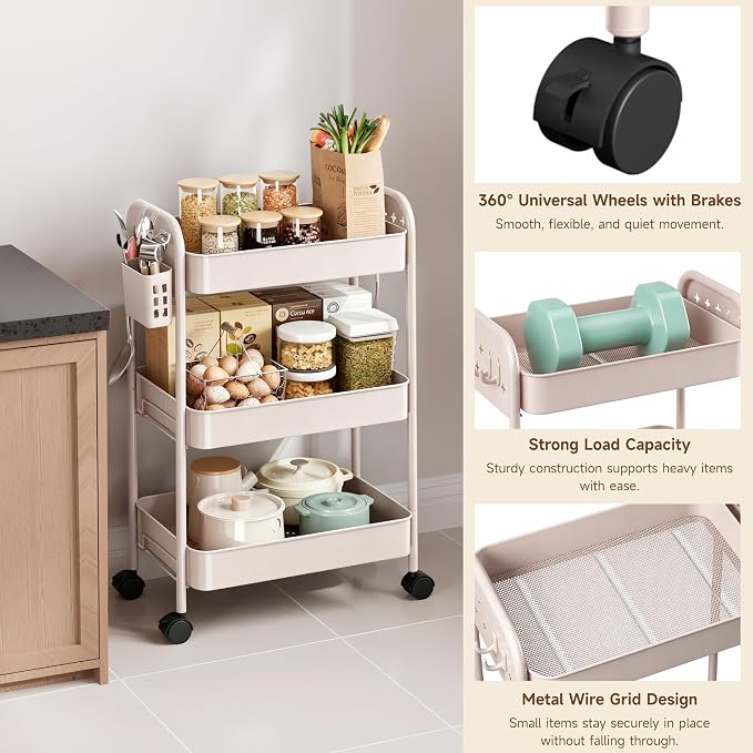 Heavy-Duty Rolling Cart 3 Tier Metal Utility Storage Cart | with Casters, Hooks & Hanging Cups, Rolling Storage Organizer for Kitchen Office Craft Snack Book - Image 5