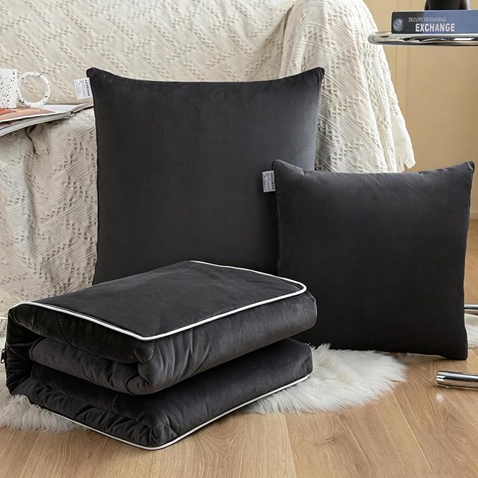 Black Pillow Blanket 2 in 1 Convertible, Soft Plush Throw Blanket, Large Warm Travel Blanket, Foldable Compact Pillow for Airplane,Car by DPCC