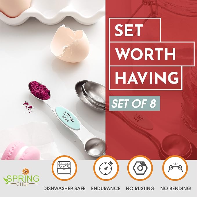 Spring Chef Stainless Steel 8 Magnetic Measuring Spoons for Kitchen, Mint | Dual Sided Metal Teaspoon & Tablespoon Measuring Spoons with Leveler for Dry & Liquid Ingredients, Nesting, Dishwasher Safe - Image 3