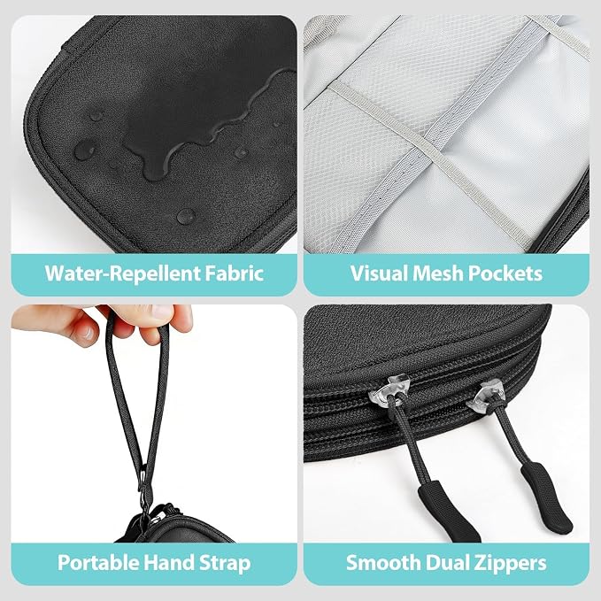 Travel Electronics Organizer Double Layer Cable Bag Black | Water-resistant Oxford fabric, 8 compartments and elastic loops. Compact design includes 8 cable ties. - Image 4