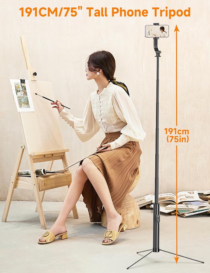 75" Phone Tripod & Selfie Stick, Extendable Cell Phone Tripod Stand with Wireless Remote and PhoneHolder, Stable Travel Tripods for iPhone, Compatible with iPhone 17/16/15/14/13 Pro Max/Android - Image 3