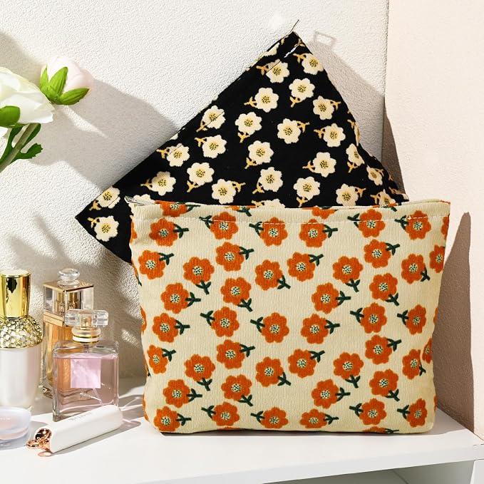 SOIDRAM 2 Pieces Flower Makeup Bag Large Corduroy Cosmetic Bag Capacity Canvas Travel Toiletry Bag Organizer Cute Makeup Brushes Aesthetic Accessories Storage Bag for Women, Flower L Orang Black - Image 7