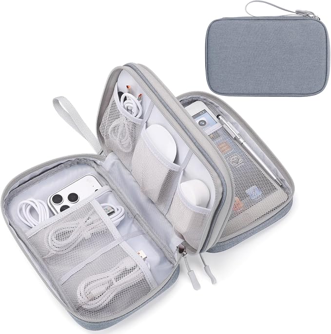 FYY Electronic Organizer, Travel Tech Pouch Bag, Large, Light Grey | Wrist Strap, Waterproof, Double Layers Portable Electronics Travel Carrying Case for Cord, Charger, Daily Business Trips Use by FYY