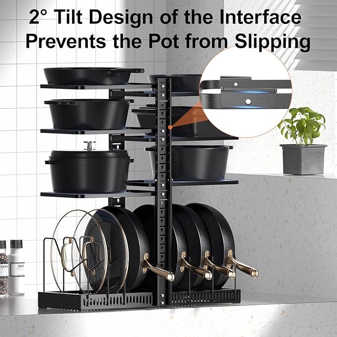 LAMU Pots and Pans Organizer under Cabinet, Adjustable Height Up to 24'', 6 Tier Pot Organizer Rack with 6 Horizontal Dividers, Adjustable Pot and Pan Organizer for Kitchen Storage, Black - Image 4
