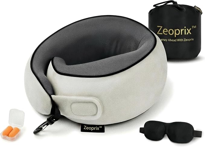 Memory Foam Wrap Around Travel Neck Pillow for Airplane, Light Grey | Travel pillow for airplanes with adjustable 360° neck support, breathable, washable cover, eye mask, earplugs & compact bag by Unknown