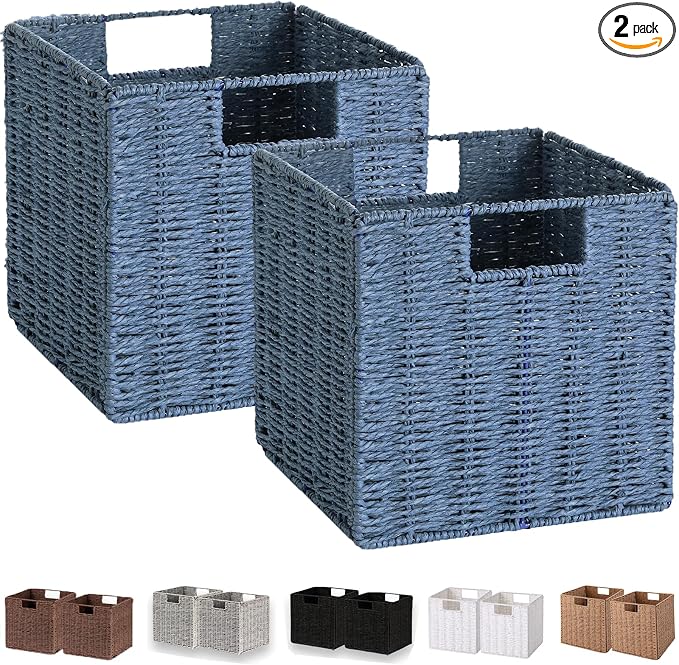 Wicker Storage Basket, Set of 2 Hand-Woven Storage Baskets for Shelves with Handles, Foldable Cube Storage Baskets Bins 11 Inch Large Wicker Baskets for Pantry Decor, Blue(11''x11''x11'') by Vagusicc