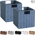Wicker Storage Basket, Set of 2 Hand-Woven Storage Baskets for Shelves with Handles, Foldable Cube Storage Bins Organizer, Blue 13x13 Inch Large Wicker Baskets for Pantry Bedroom Decor, Blue by Vagusicc