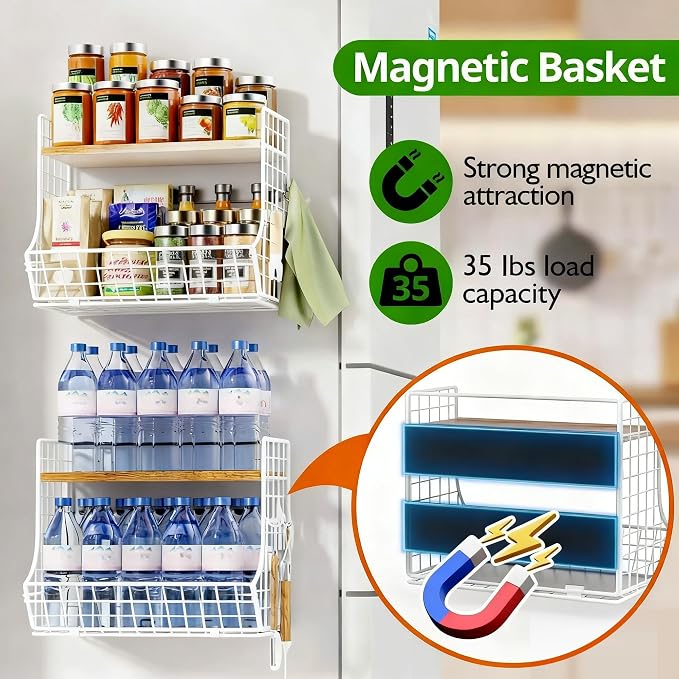 Magnetic Shelf for Fridge with Wood Lid, Fruit Potato and Onion Storage Bins, Pantry Organizers and Storage, Strong Magnetic Spice Rack for Refrigerator, Kitchen Counter and Laundry Room (X-Large) - Image 3