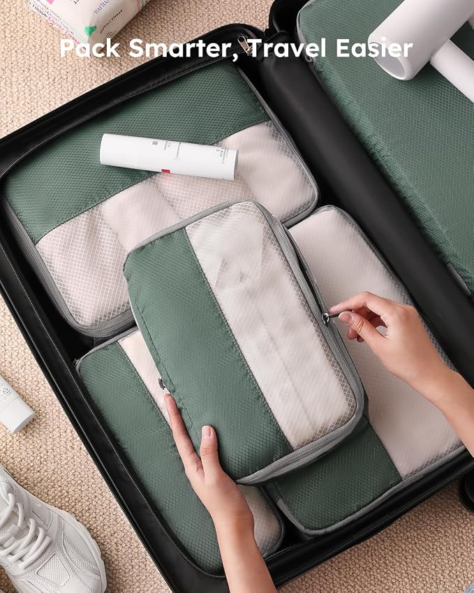 4 Set Compression Packing Cubes for Travel, Bonus Versatile Drawstring Backpack, Lightweight Luggage Organizer Bags, Sturdy Travel Accessories for Suitcase, Dark Green - Image 7