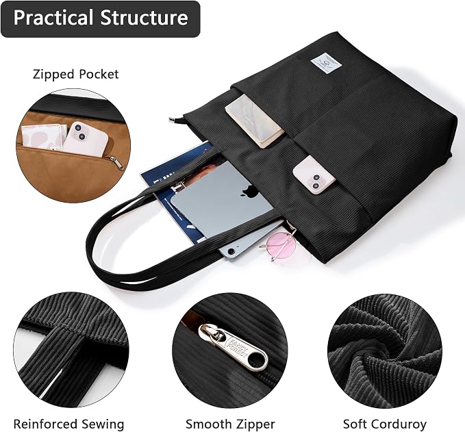 KALIDI Women Corduroy Tote Bag Zipper Casual Tote's Handbag Big Capacity Shoulder Bag with Pockets - Image 5