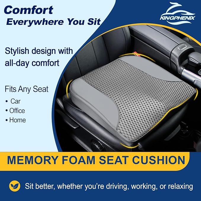 kingphenix Memory Foam Car Seat Cushion for Driving Comfort and Office Use | Coccyx & Lower Back Pressure Relief, Non-Slip 4D Mesh Seat Cushion for Cars, Trucks, SUVs, Long Drives & Office Chairs, Gray - Image 2