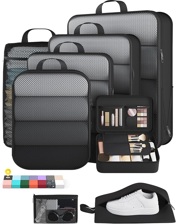 Veken 8 Set Compression Packing Cubes Garment Bags for Travel Essentials,Compressible Expandable Luggage Organizer Bags for Clothing,Space Saver Bags with Over 1000 pcs of Mesh Holes(Black) by Veken