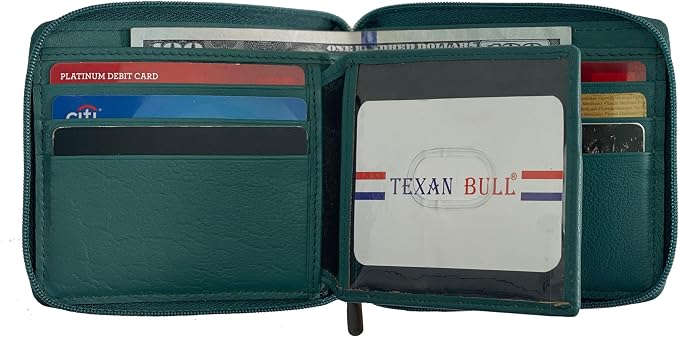 RFID Blocking Bifold Cowhide Leather Wallets For Men With Zipper Security | Safe Metal Zip Chain 9 Card-ID Slim Minimalist Mens Wallet (Forest Green) - Image 2