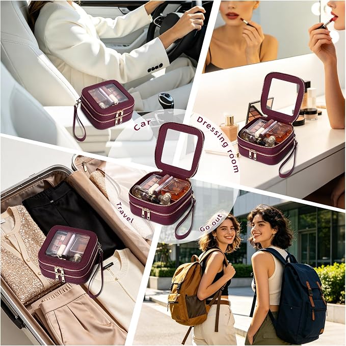 Pinkmik Double Layer Makeup Bag (Burgundy, 2-Layer MINI) | Small Clear Makeup Pouch, Mini Travel Cosmetic & Toiletry Bag, Purse Organizer, Car Essentials for Women - Image 6