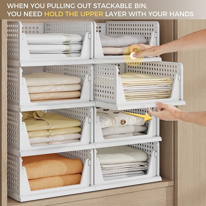 8 Pack Closet Organizer Storage Bins Stackable Plastic Drawer Shelf | Basket for Clothing Stackable Storage Bins Shelf Storage Container for Closet Wardrobe Bedroom Bathroom Office White Foldable - Image 3