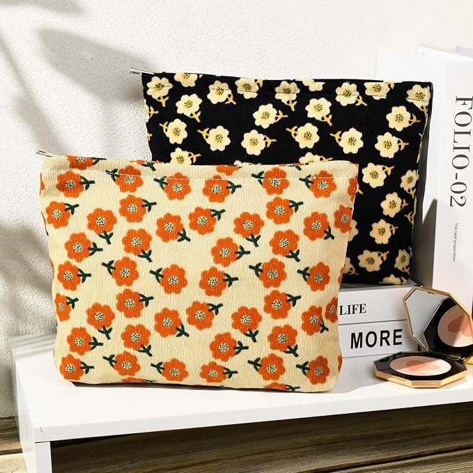 SOIDRAM 2 Pieces Flower Makeup Bag Large Corduroy Cosmetic Bag Capacity Canvas Travel Toiletry Bag Organizer Cute Makeup Brushes Aesthetic Accessories Storage Bag for Women, Flower L Orang Black - Image 2