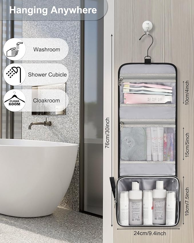 Small Hanging Toiletry Bag for Men and Women, Portable Hanging Organizer | for Travel-Sized Shower Dopp Kit, Makeup Accessories, Waterproof Toiletries Organizer with 3 Compartments for Outdoor - Black - Image 4
